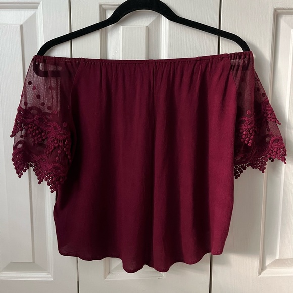 Burgundy Sheer Lace Off-the-shoulder Blouse Size Small - Picture 5 of 12